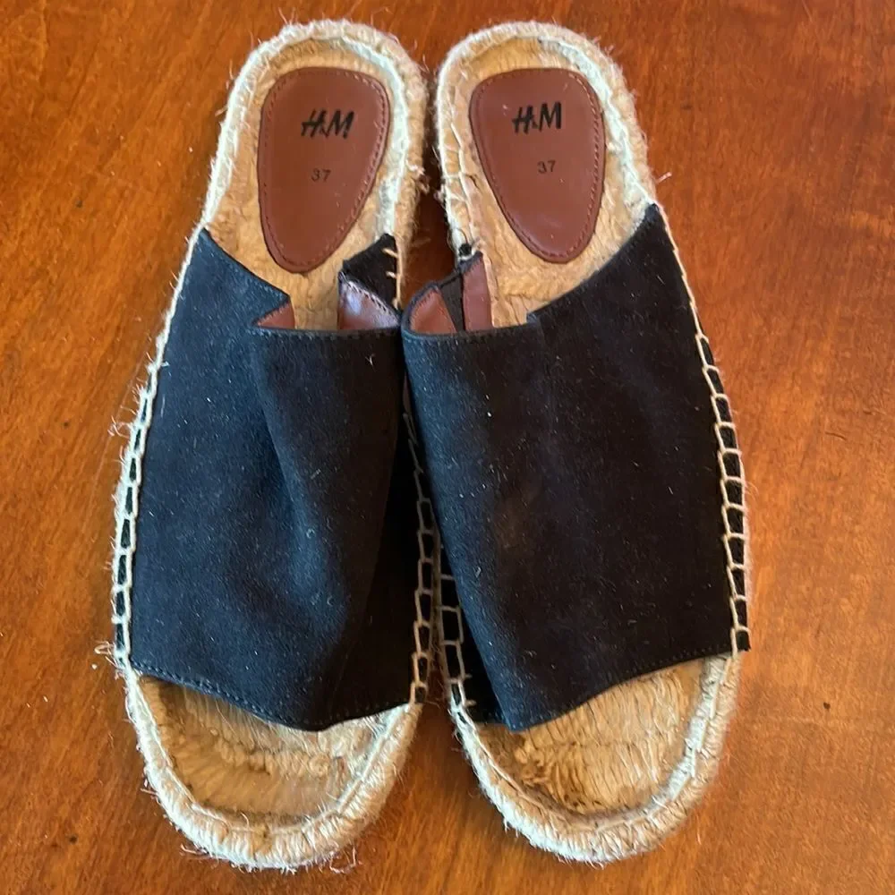 H&M Black Suede Espadrille Slides - Size 37